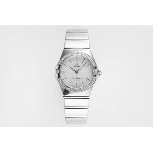 Omega Constellation Ladies SS 28mm AF 1:1 Best Edition Diamonds Bezel Whtie Textured Dial on SS Bracelet ETA Quartz