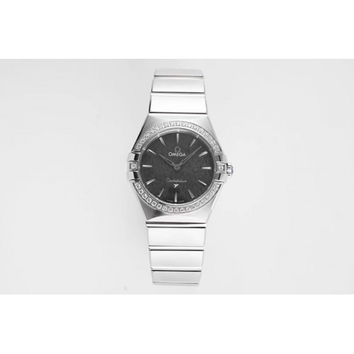 Omega Constellation Ladies SS 28mm AF 1:1 Best Edition Diamonds Bezel Black Textured Dial on SS Bracelet ETA Quartz