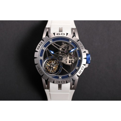 Roger Dubuis Excalibur Sports Tourbillon SS JBF Best Edition Skeleton Blue Dial on White Rubber Strap A2136 Tourbillon