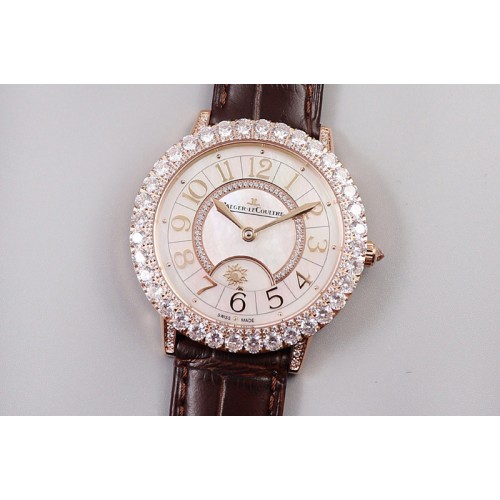 Jaeger-LeCoultre Rendez-Vous Night & Day RG Diamonds Bezel ZF 1:1 Best Edition White MOP Dial on Black Leather Strap A898