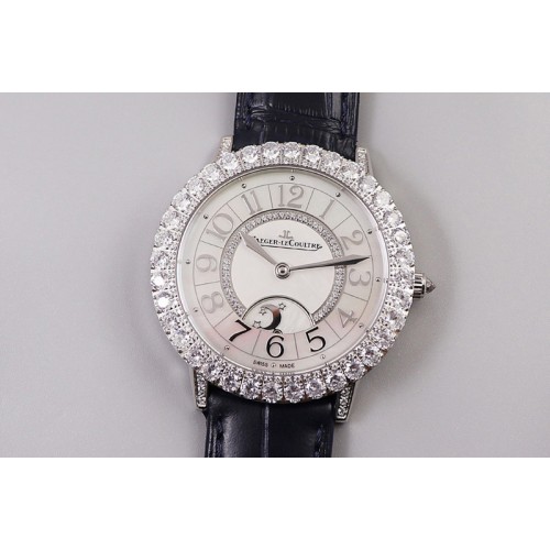 Jaeger-LeCoultre Rendez-Vous Night & Day SS Diamonds Bezel ZF 1:1 Best Edition White MOP Dial on Black Leather Strap A898