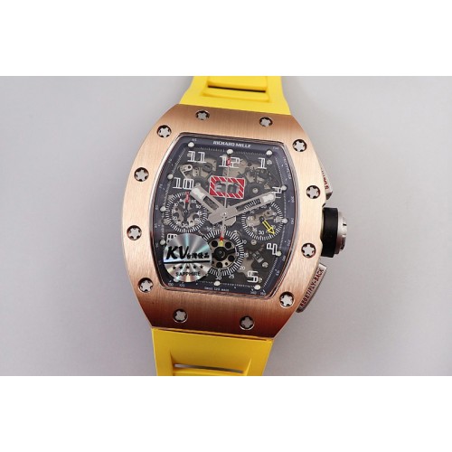 Richard Mille RM011 RG Chrono KVF 1:1 Best Edition Crystal Dial Black on Yellow Rubber Strap A7750 V3
