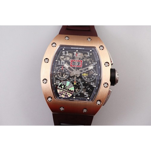 Richard Mille RM011 RG Chrono KVF 1:1 Best Edition Crystal Dial Black on Brown Rubber Strap A7750 V3