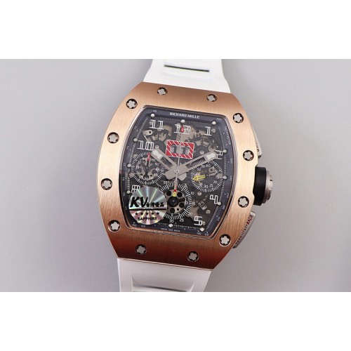 Richard Mille RM011 RG Chrono KVF 1:1 Best Edition Crystal Dial Black on White Rubber Strap A7750 V3