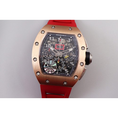 Richard Mille RM011 RG Chrono KVF 1:1 Best Edition Crystal Dial Black on Red Rubber Strap A7750 V3