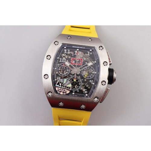 Richard Mille RM011 SS Chrono KVF 1:1 Best Edition Crystal Dial Black on Yellow Rubber Strap A7750 V3 Richard Mille RM011 SS Chrono KVF 1:1 Best Edition Crystal Dial Black on Yellow Rubber Strap A7750 V3