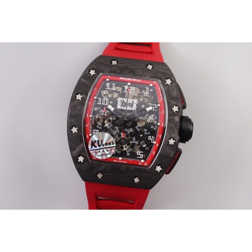 Richard Mille RM011 NTPT Chrono PVD Case KVF 1:1 Best Edition Crystal Dial Red on Red Rubber Strap A7750 V2
