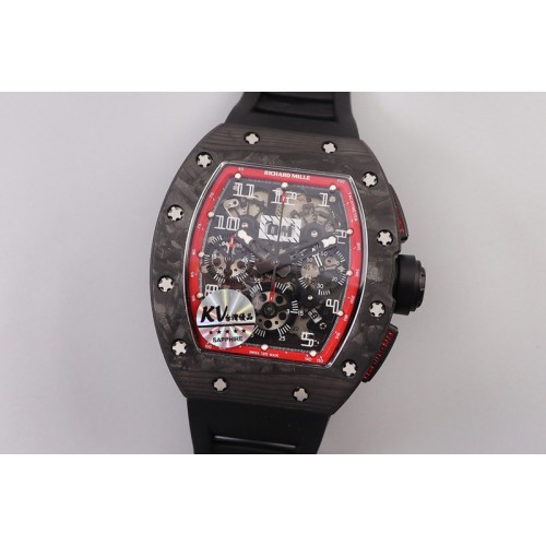 Richard Mille RM011 NTPT Chrono PVD Case KVF 1:1 Best Edition Crystal Dial Red on Black Rubber Strap A7750 V2