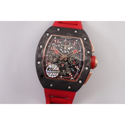 Richard Mille RM011 NTPT Chrono RG Case KVF 1:1 Best Edition Crystal Dial Red on Red Rubber Strap A7750 V2