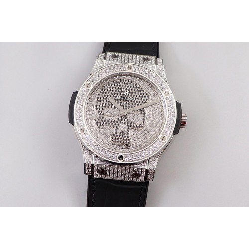 Hublot Classic Fusion Automatic SS OXF Best Edition Diamonds Case Diamonds Skull Dial on Black Leather Strap MIYOTA 9015