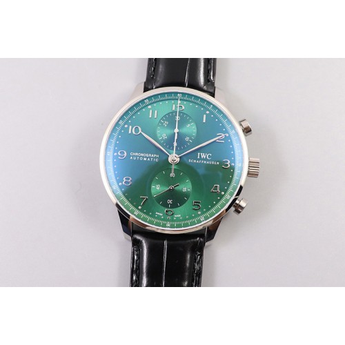 IWC Portugieser Chronograph IW371615 YLF Best Edition Green Dial on Black Leather Strap A7750 (Slim Movement)