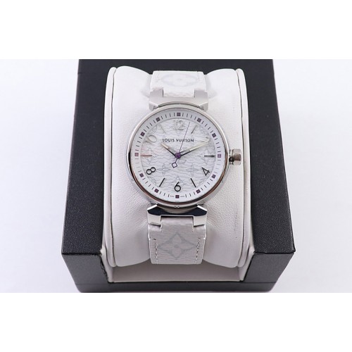 Louis Vuitton Tambour Slim SS LVF 1:1 Best Edition White Dial on White Ecco Leather Strap Ronda Quartz