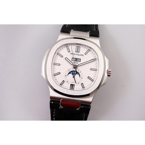 Patek Philippe Nautilus 5726 Complicated SS GRF 1:1 Best Edition White Textured Dial on Black Leather Strap A324