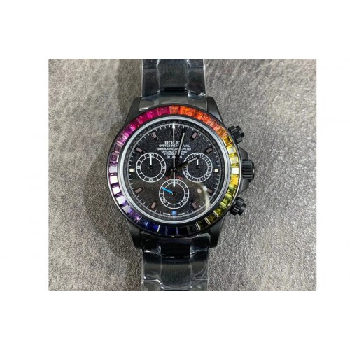 Rolex Daytona Blaken Rainbow Crystal Bezel PVD OXF Best Edition Black Dial on PVD Bracelet A7750