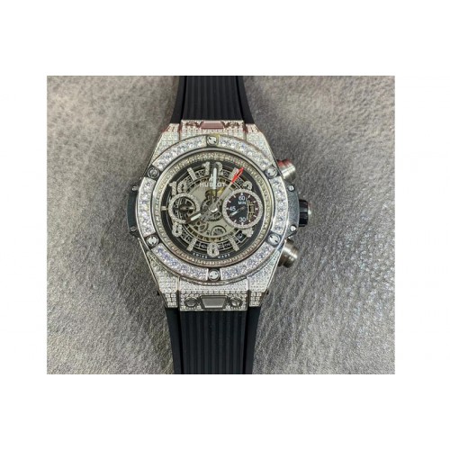 Hublot Big Bang Unico 45mm TA Best Edtion SS Full Diamond on Black Rubber Strap HUB142