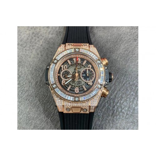 Hublot Big Bang Unico 45mm TA Best Edtion RG Full Diamond on Black Rubber Strap HUB142