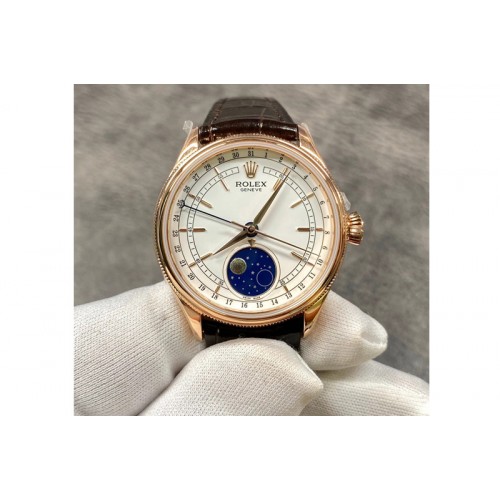 Rolex Cellini 50535 Moonphase RG KZF Best Edition White dial on leather strap A3195 (free a tool) Rolex Cellini 50535 Moonphase RG KZF Best Edition White dial on leather strap A3195 (free a tool)