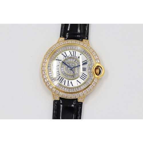 Cartier Ballon Bleu T Diamond YG Full Paved Diamonds with Roman Markers Dial on Black Leather Strap Miyota 9015