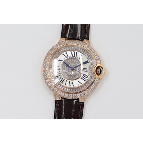 Cartier Ballon Bleu T Diamond RG Full Paved Diamonds with Roman Markers Dial on Black Leather Strap Miyota 9015