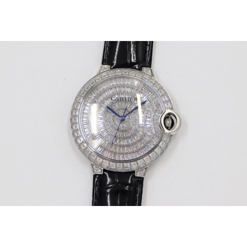 Cartier Ballon Bleu T Diamond SS Full Paved Diamonds Dial on Black Leather Strap Miyota 9015