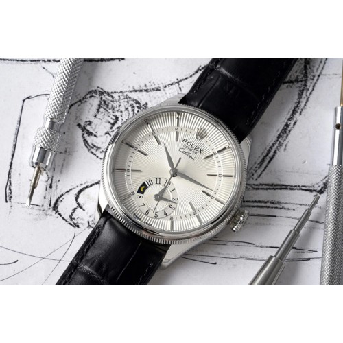 Rolex Cellini Dual Time KZF Silver Dial Sticks Markers on Black Leather Strap 23J