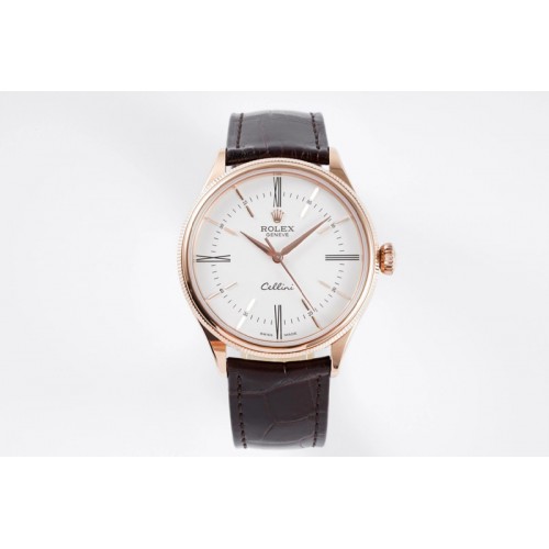 Rolex Cellini RG KZF 1:1 Best Edition White Dial Roman Markers on Brown Leather Strap SA3132