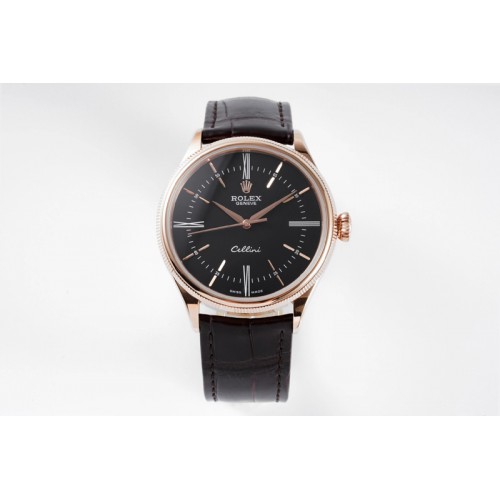 Rolex Cellini RG KZF 1:1 Best Edition Black Dial Roman Markers on Brown Leather Strap SA3132