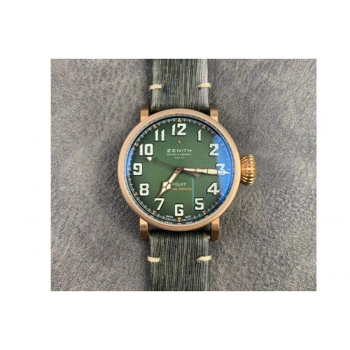 Zenith Pilot Type 20 Extra Special Bronze XF 1:1 Best Edition Green Dial on Green Leather Strap A2824
