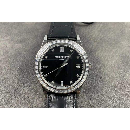 Patek Philippe  Calatrava 5298P SS ZF Best Edition Black Dial Diamonds Bezel on Black Leather Strap Cal.324