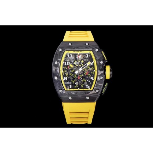 Richard Mille RM011 NTPT Carbon Chrono KVF 1:1 Best Edition Crystal Skeleton Dial Yellow Inner Bezel on Yellow Rubber Strap A775