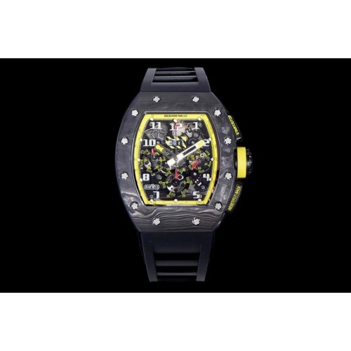 Richard Mille RM011 NTPT Carbon Chrono KVF 1:1 Best Edition Crystal Skeleton Dial Yellow Inner Bezel on Black Rubber Strap A7750