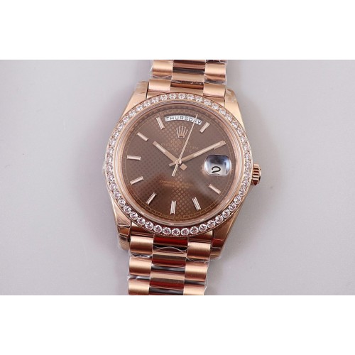 Rolex Day-Date 40mm 228239 EWF Best Edtion RG Diamond Bezel Brown Dial President Bracelet A3255