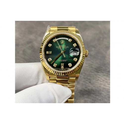 Rolex Day-Date 36 YG 128238 EWF Best Edition Green Gradient Dial Crystal Markers on President Bracelet A3255
