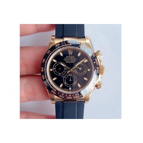 Rolex Daytona 116518 Noob 1:1 Best Edition YG Plated 904L SS Case Black Dial on Black Rubber Strap SA4130 V3 (Free Extra Strap)