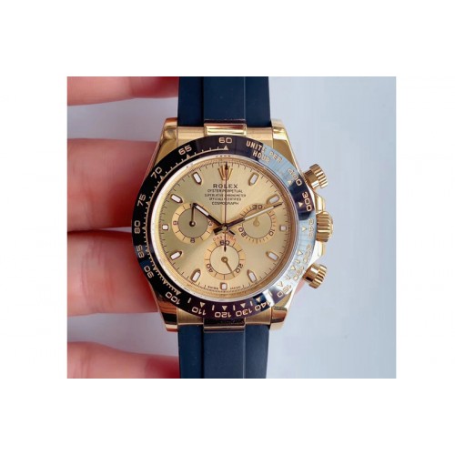 Rolex Daytona 116518 Noob 1:1 Best Edition YG Plated 904L SS Case YG Dial on Black Rubber Strap SA4130 V3 (Free Extra Strap)