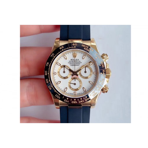 Rolex Daytona 116518 Noob 1:1 Best Edition YG Plated 904L SS Case White Dial on Black Rubber Strap SA4130 V3 (Free Extra Strap)