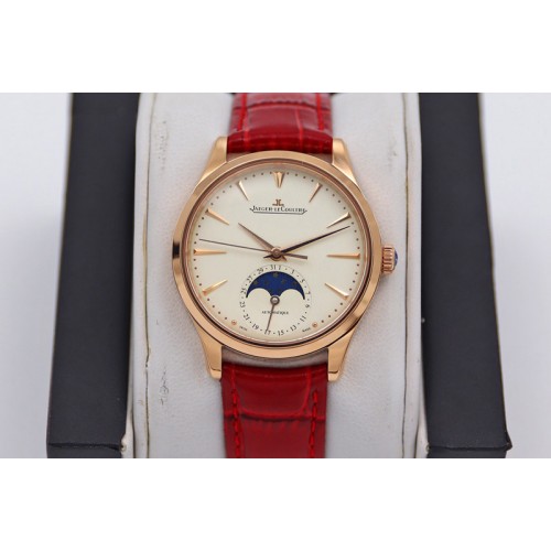 Jaeger-LeCoultre Master Ultra Thin Moonphase RG/LE White Dial Red Leather Strap TW MY9015 to Cal.925