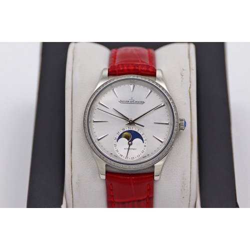 Jaeger-LeCoultre Master Ultra Thin Moonphase SS/LE White Dial Diamond Bezel Red Leather Strap TW MY9015 to Cal.925