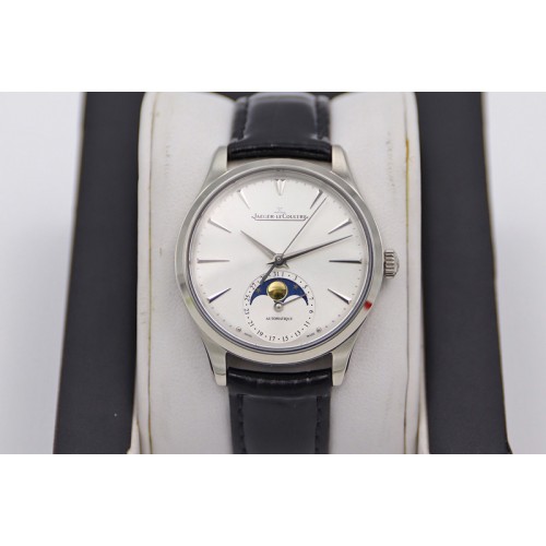 Jaeger-LeCoultre Master Ultra Thin Moonphase SS/LE White Dial Black Leather Strap TW MY9015 to Cal.925