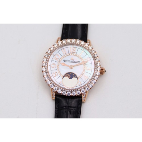 Jaeger-LeCoultre Rendez-Vous Night & Day RG Diamonds Bezel ZF 1:1 Best Edition White MOP Dial on Black Leather Strap A898