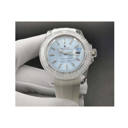 Rolex Submariner Phantomlab Transparent KZF Best Edition Light Blue Dial on White Rubber Strap VR3135