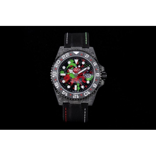 Rolex GMT DIW Carbon OMF Best Edition All Black/Red/Green Black Dial on Black Nylon Strap SA3186 CHS