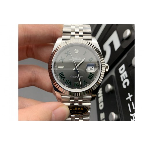 Rolex  Datejust 41 SS 904L Steel Clean 1:1 Best Edition Gray Dial Green Roman on SS Bracelet VR3235