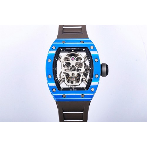 Richard Mille RM052 Skull Blue NTPT Real Tourbillon 3KF 1:1 Best Edition Skull Dial on Gray Rubber Strap