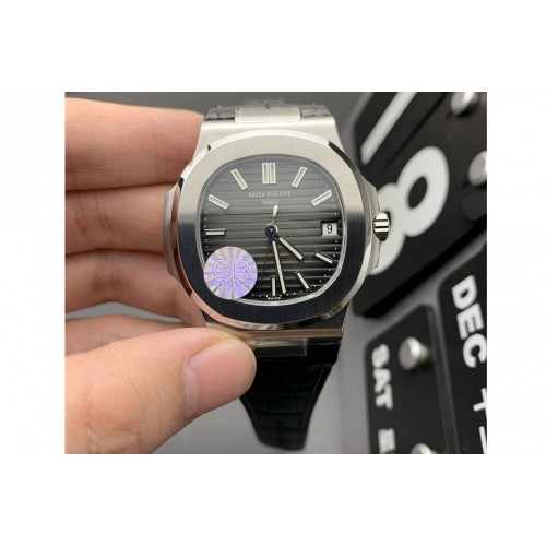 Patek Philippe Nautilus 5711 SS GRF 1:1 Best Edition Black Textured Dial on Black Leather Strap 324CS