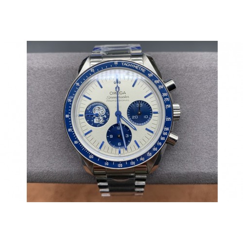 Omega Speedmaster SS Blue Snoopy OMF 1:1 Best Edition White Dial on New SS Bracelet Manual Winding Chrono Movement
