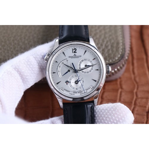 Jaeger-LeCoultre Master Geographic Real PR SS ZF 1:1 Best Edition Silver Dial on Black Leather Strap A939