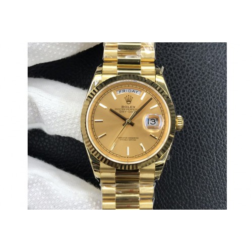 Rolex Day-Date 36 YG 128238 EWF Best Edition Gold Dial Stick Markers on President Bracelet A3255