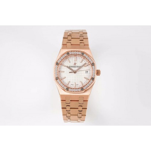 Audemars Piguet Royal Oak 77351 Ladies RG NTF Best Edition White Dial Diamonds Bezel on RG Bracelet A5800