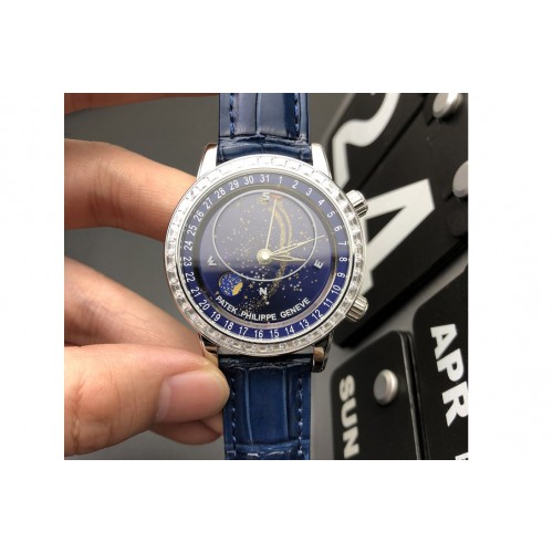 Patek Philippe 6104P Moon SS Blue Dial Diamond Bezel on Blue Leather Strap A240